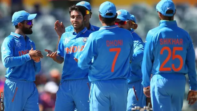 Bhuvneshwar Kumar celebrates dismissing Javed