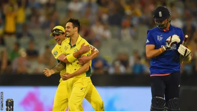 Mitchell Starc and Mitchell Johnson celebrate an England wicket