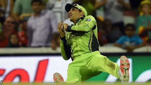 Misbah takes a high catch for Pakistan