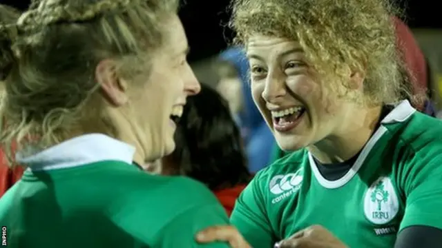 Ireland pair Alison Millar and Jenny Murphy celebrate the victory over England