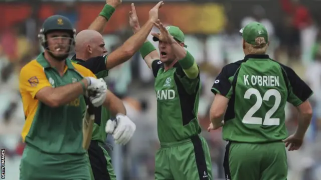 Ireland celebrate dismissing South Africa's Graeme Smith at the 2011 World Cup