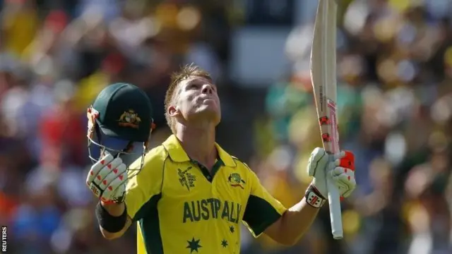 Australia opener David Warner celebrates his century in Perth