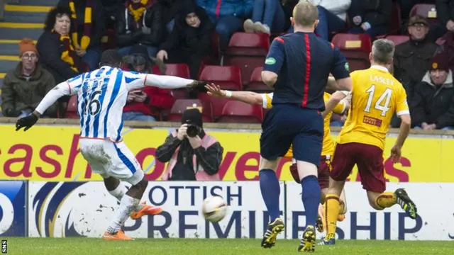 Tope Obadeyi scores for Kilmarnock against Motherwell