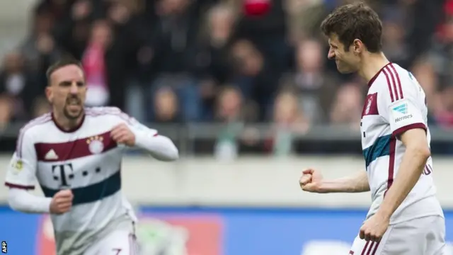 Thomas Muller celebrates for Bayern Munich