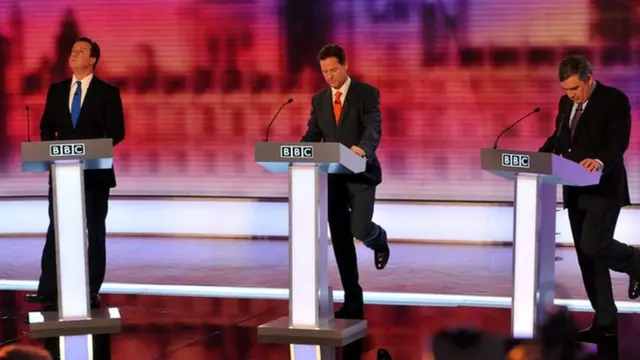 David Cameron, Nick Clegg and Gordon Brown during a 2010 leaders' debate