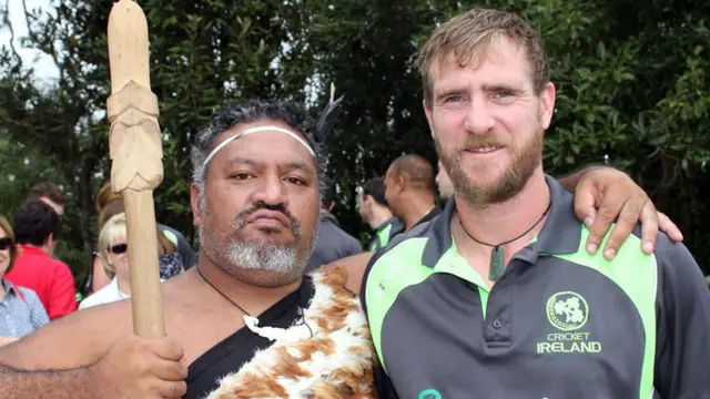 Ireland cricketer John Mooney receives a traditional Maori welcome