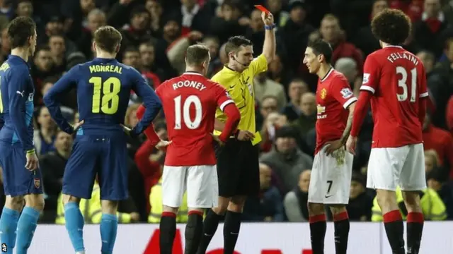 Angel Di Maria is shown a red card