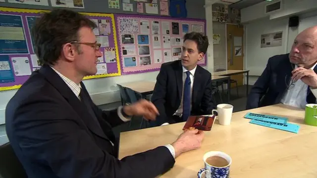 James Landale speaking to Ed Miliband and Chris Dunne at Haverstock Comprehensive