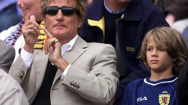 Rod Stewart with son Liam watching Scotland's football team at Hampden Park in 2001