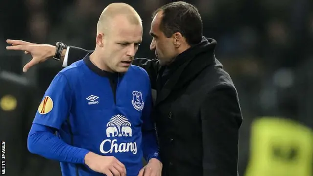 Everton forward Steven Naismith (left) with manager Roberto Martinez