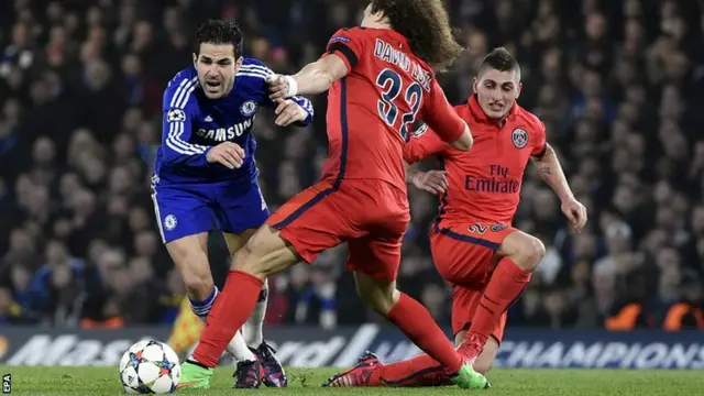 David Luiz fouls Cesc Fabregas