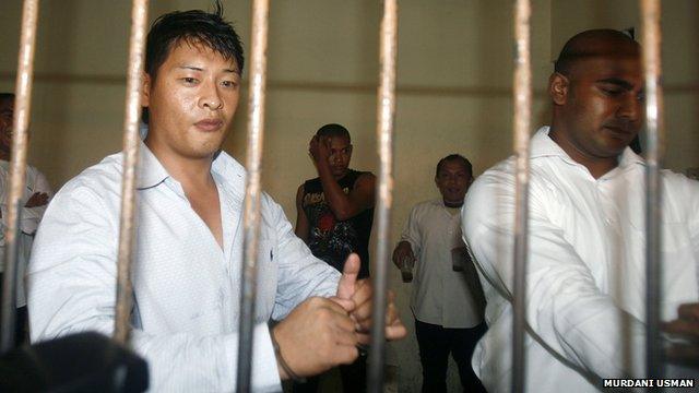 File photo from September 2010 of Australians Andrew Chan (L) and Myuran Sukumaran in a temporary cell in Indonesia"s resort island of Bali