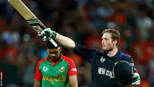 New Zealand batsman Martin Guptill marks his 100 against Bangladesh