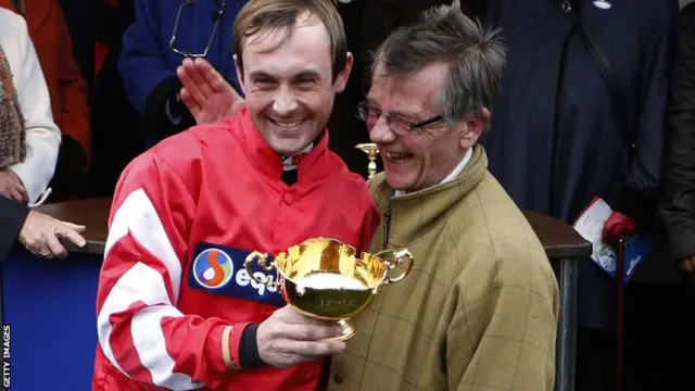 Coneygree jockey Nico de Boinville with trainer Mark Bradstock