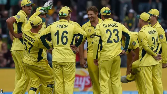 Australia celebrate taking the wicket of Preston Mommsen