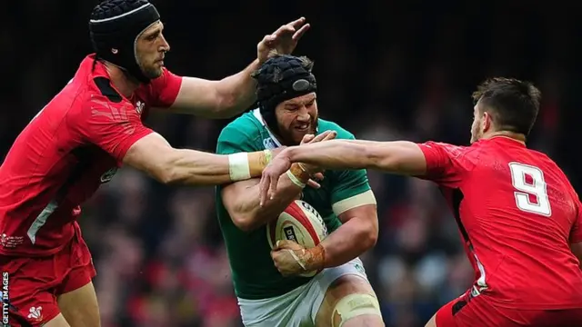 Sean O'Brien is tackled by Wales