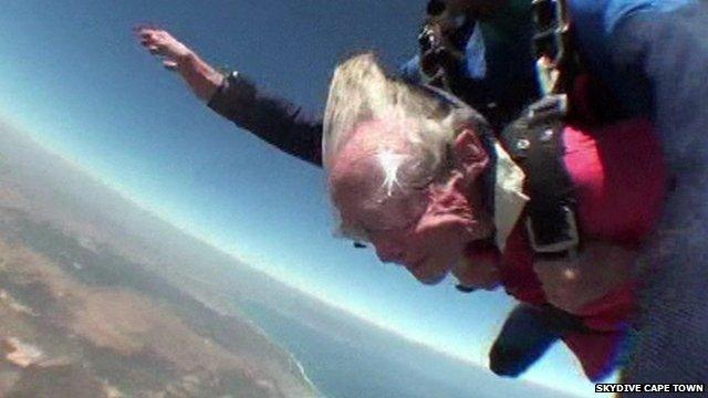 Georgina Harwood skydives to celebrate her 100th birthday.