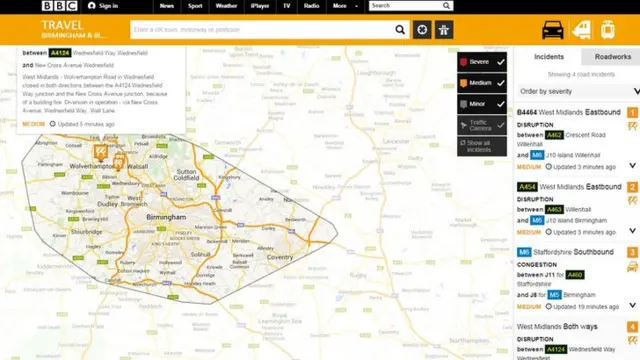 Wolverhampton Road in Wednesfield closed on BBC Travel website