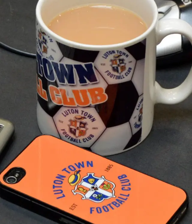 Nick Owen's Luton Town mug and mobile phone cover