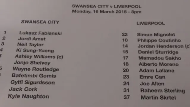 Liverpool and Swansea teamsheet