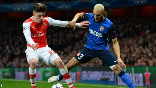 Arsenal's Hector Bellerin battles for the ball