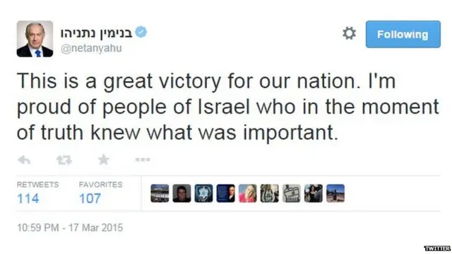 Tweet from Israeli PM Benjamin Netanyahu - March 18, 2015