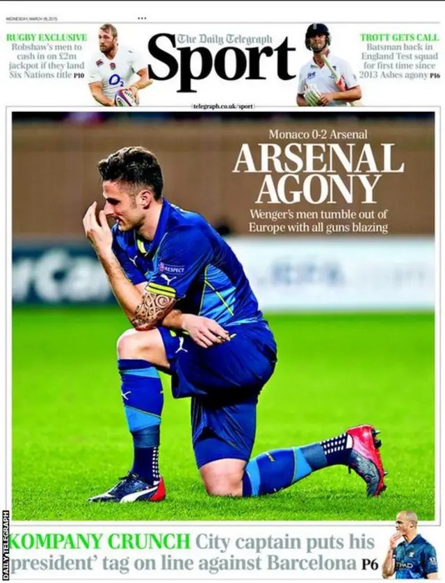 Wednesday's Telegraph Sport front page