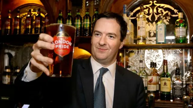 Chancellor George Osborne holding a pint of beer in February 2014