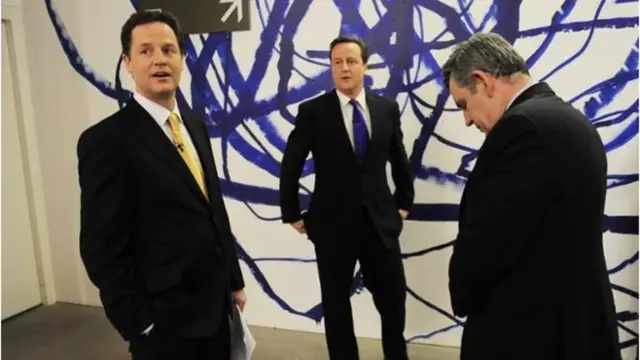 David Cameron, centre, with Nick Clegg, left, and Gordon Brown before the second leaders' debate in 2010