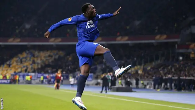 Romelu Lukaku celebrates scoring for Everton