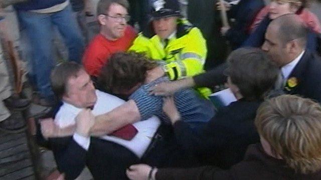 John Prescott grapples with a protester