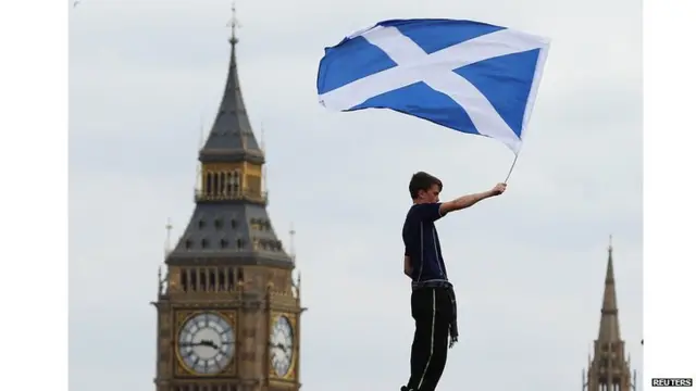 Boy waves the Saltire outside Westminster