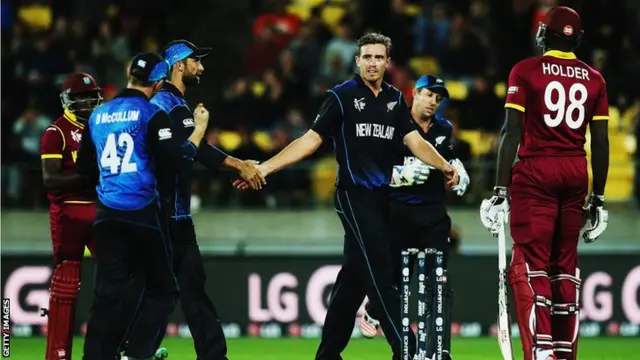 Tm Southee celebrates the wicket of Jerome Taylor