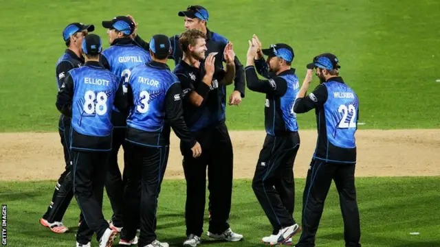 New Zealand celebrate their win over West Indies