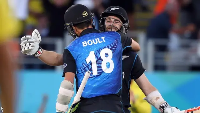 Trent Boult and Kane Williamson celebrate victory over Australia in Auckland