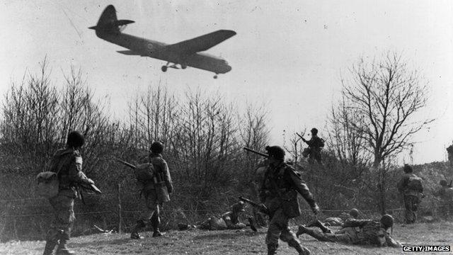 Horsa glider bringing in reinforcements at Wesel, Germany