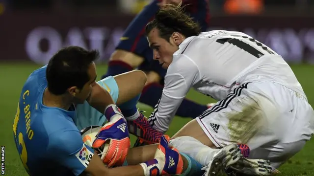 Gareth Bale gets in behind but Bravo beats him to it