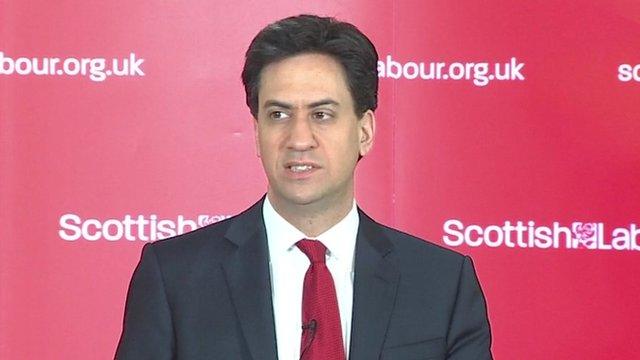 Labour leader Ed Miliband giving a speech in Clydebank, Scotland