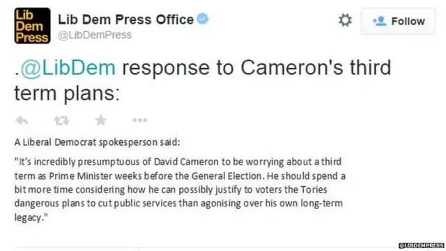 Lib Dem reaction to Cameron's third term plans