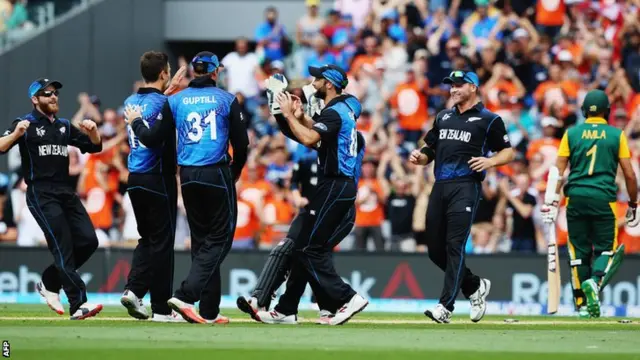 New Zealand celebrate the wicket of Hashim Amla