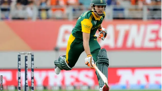 South Africa's Rilee Rossouw runs between the wickets while batting against New Zealand during their Cricket World Cup