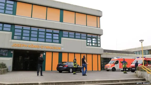 Emergency service workers at Joseph-Koenig secondary school in Haltern am See, where a number of victims are said to have attended