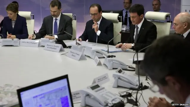 French President Francois Hollande, French Prime Minister Manuel Valls, Spain's King Felipe VI and his wife Queen Letizia at a crisis meeting