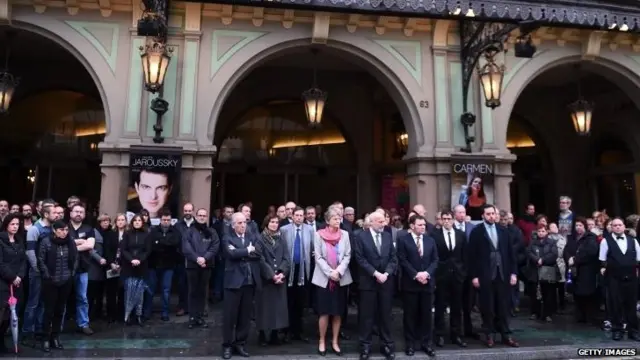 Employees and trustees of the opera house Gran Teatre del Liceu in Barcelona observe a minute"s silence in memory of the victims of the crash