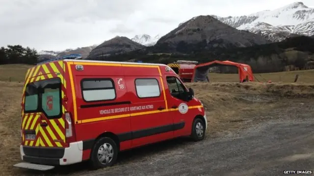 French police and rescue teams set up a temporary shelter near the site of the Germanwings plane crash in the French Alps