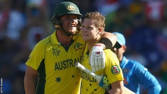 Aaron Finch congratulates Steve Smith