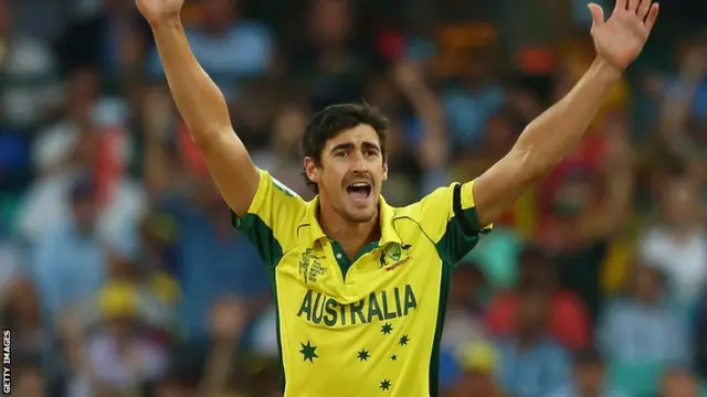 Mitchell Starc of Australia appeals unsuccessfully for the wicket of Rohit Sharma of India during the 2015 Cricket World Cup Semi Final match between Australia and India