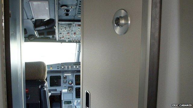 File photo showing opened door into Airbus plane cockpit