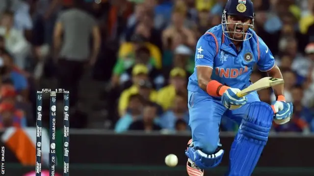 India"s batsman Suresh Raina shouts for a quick single against Australia during the Cricket World Cup