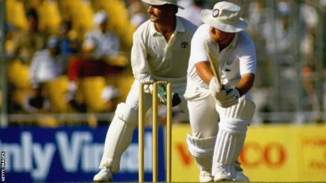 Mike Gatting of England is caught out for 41 off Allan Border